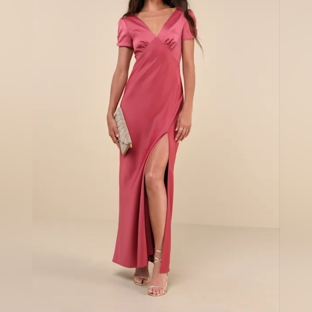 Lulus Epitome of Romance Rose Pink Satin Puff Sleeve Maxi Dress, Size Medium